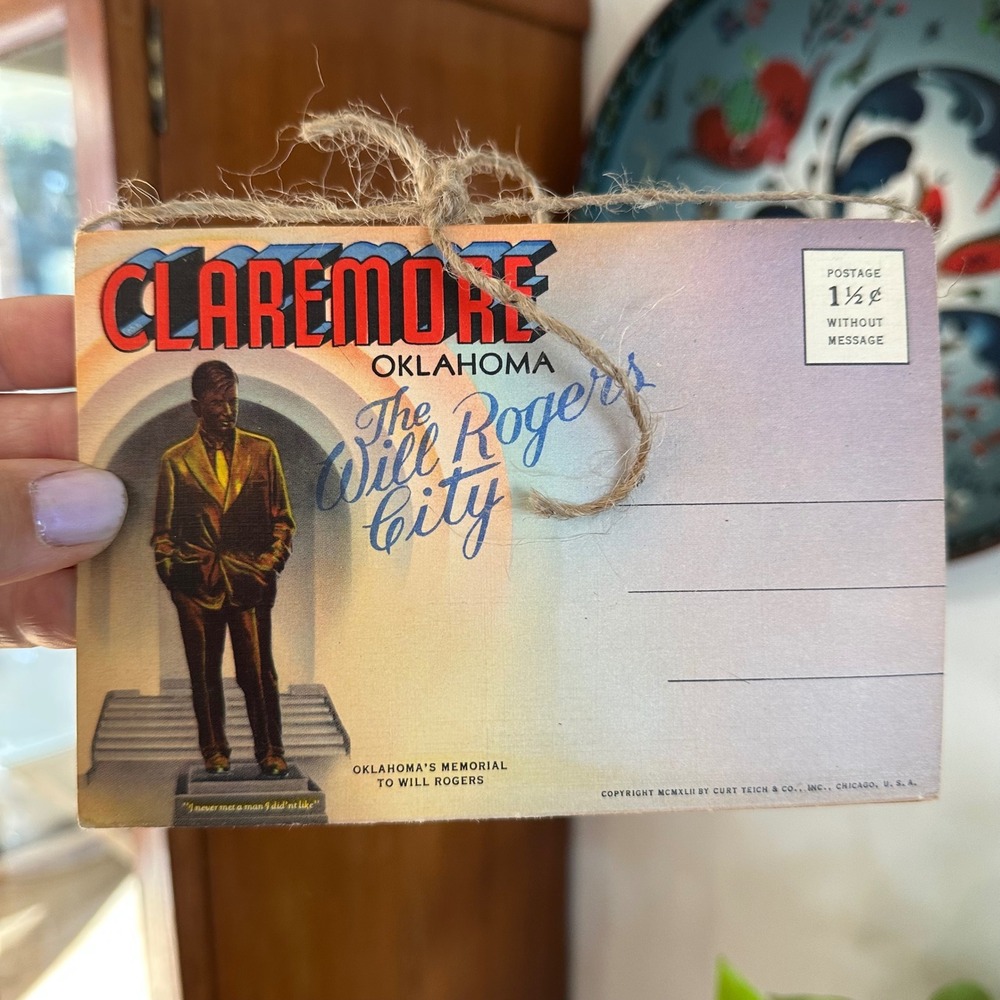 Vtg 1942 Claremore Oklahoma Will Rogers City Postcard Folder Curt Teich Linen